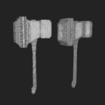 Two grey 3D modelled stylised combat hammers on a black background. One with clean topology and one with a dense chaotic mesh.