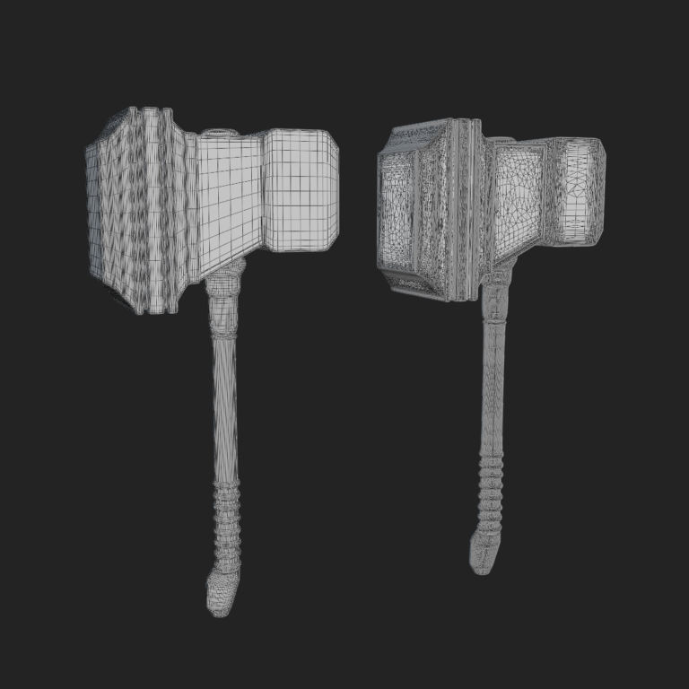 Two grey 3D modelled stylised combat hammers on a black background. One with clean topology and one with a dense chaotic mesh.