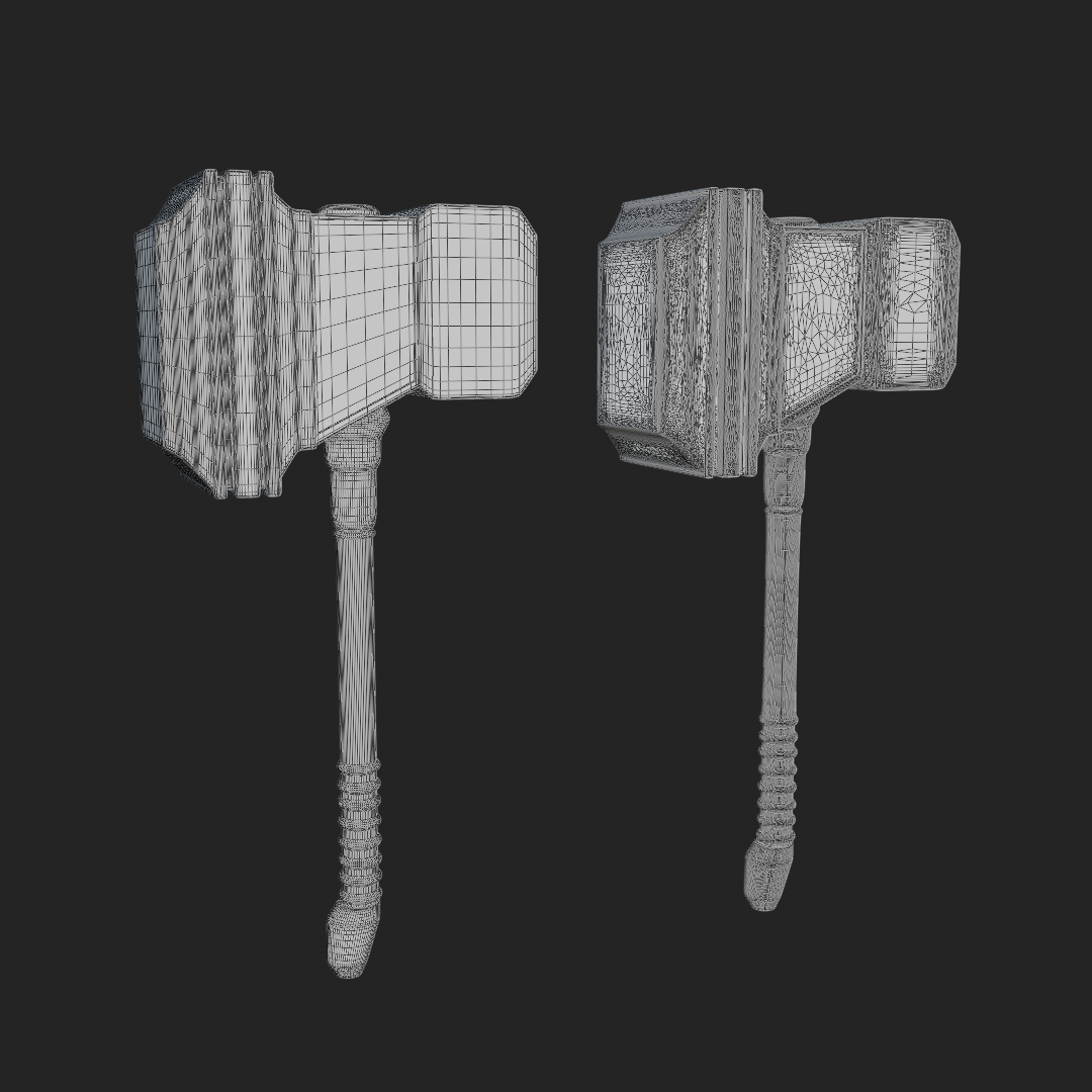 Two grey 3D modelled stylised combat hammers on a black background. One with clean topology and one with a dense chaotic mesh.