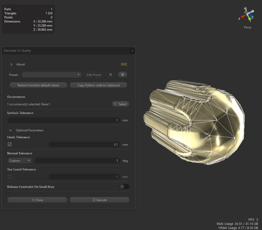 Comparison view in PiXYZ Studio showing a decimated 3D mesh with reduced polygon count alongside the “Decimate To Quality” tool settings used for optimisation.