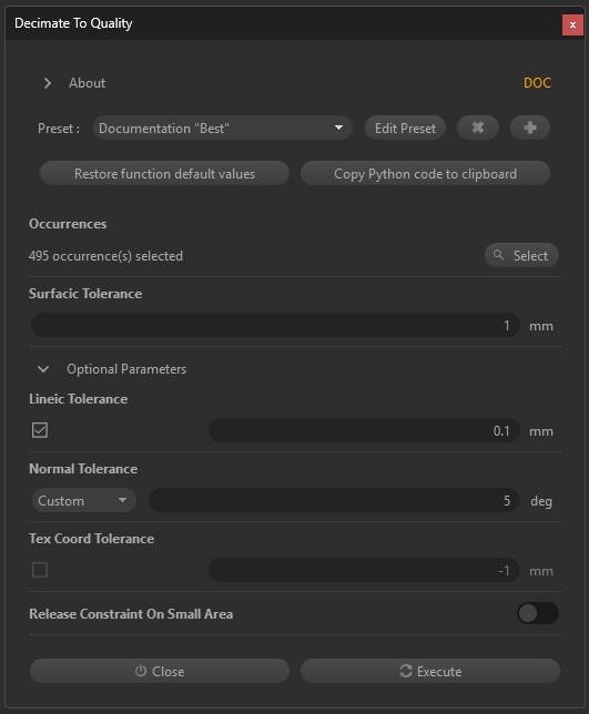 Screenshot of the “Decimate To Quality” tool settings in PiXYZ Studio, showing surface, lineic, normal, and texture coordinate tolerance options for mesh optimisation.