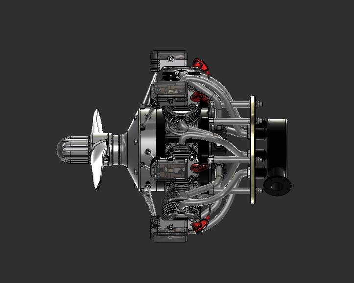 Side CAD render of a radial aircraft engine model showing pistons, exhaust pipes, and propeller assembly.