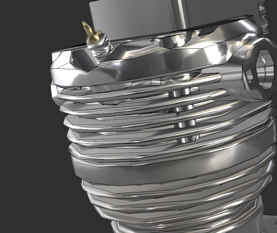 Close-up CAD render of an engine cylinder head showing detailed cooling fins, metallic reflections, and a spark plug at the top.