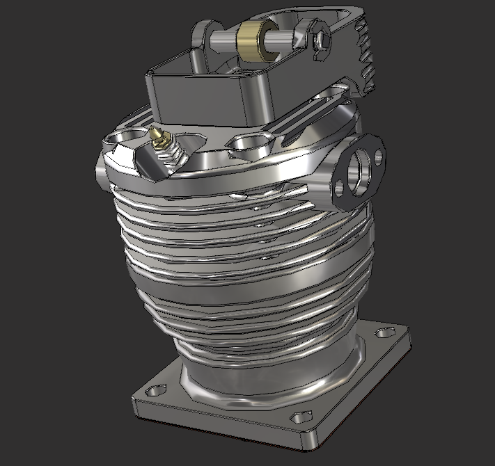 3D CAD render of an engine cylinder assembly featuring cooling fins, a spark plug, rocker arm mechanism, and mounting base plate.