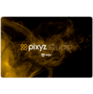 Logo of pixyz studio with a flowing design on a black background, enhanced by a striking smoky effect and Unity logo.