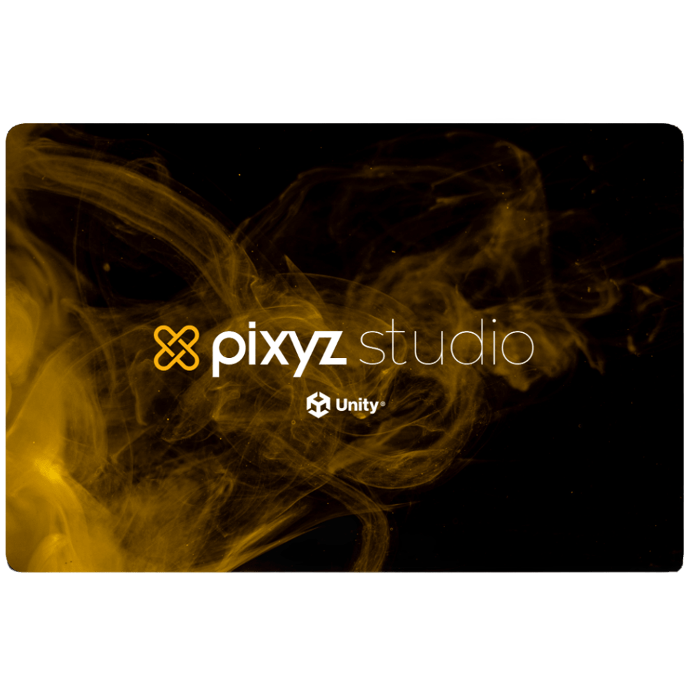 Logo of pixyz studio with a flowing design on a black background, enhanced by a striking smoky effect and Unity logo.